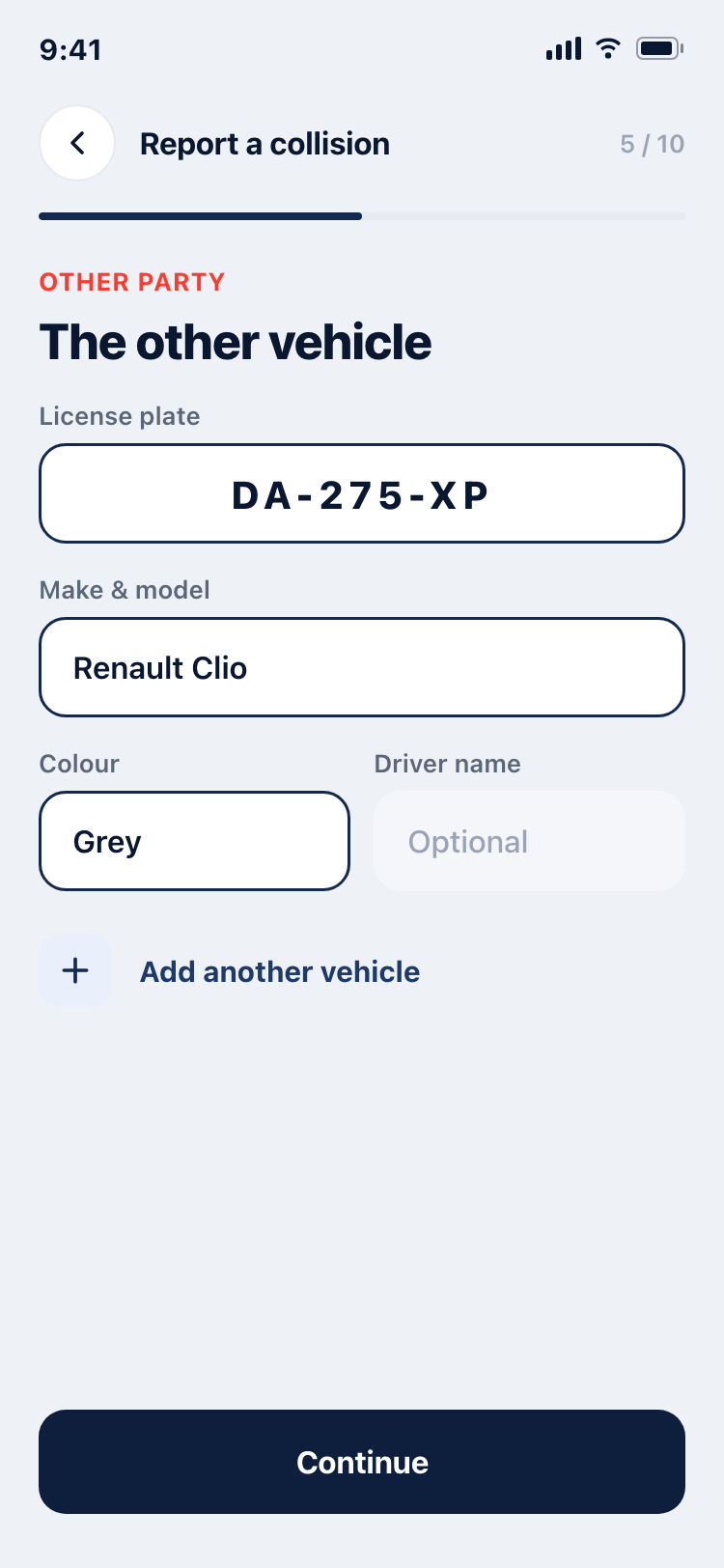 Other party details screen