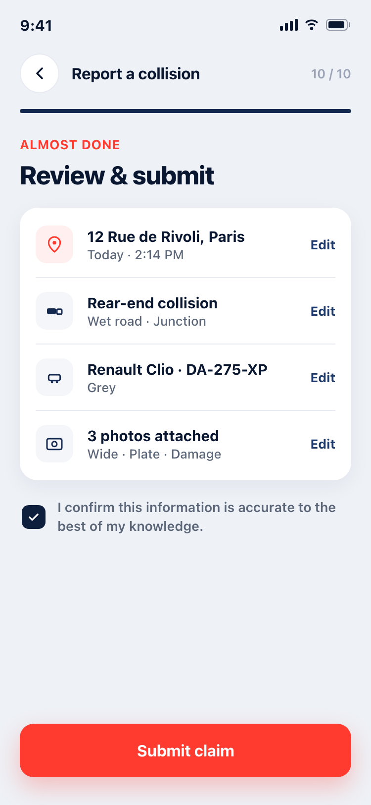 Review and submit screen