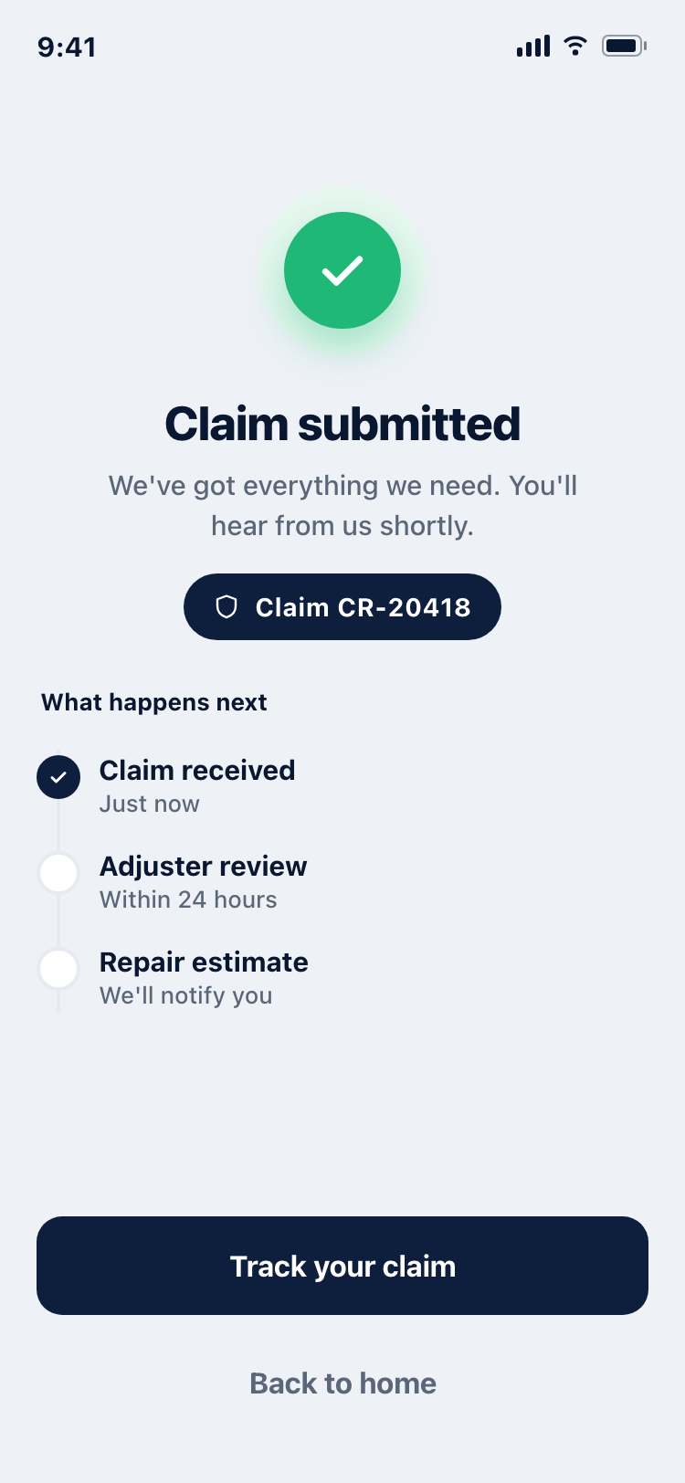 Claim submitted success screen