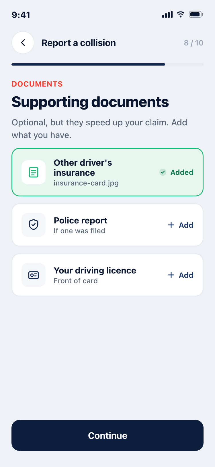 Documents upload screen