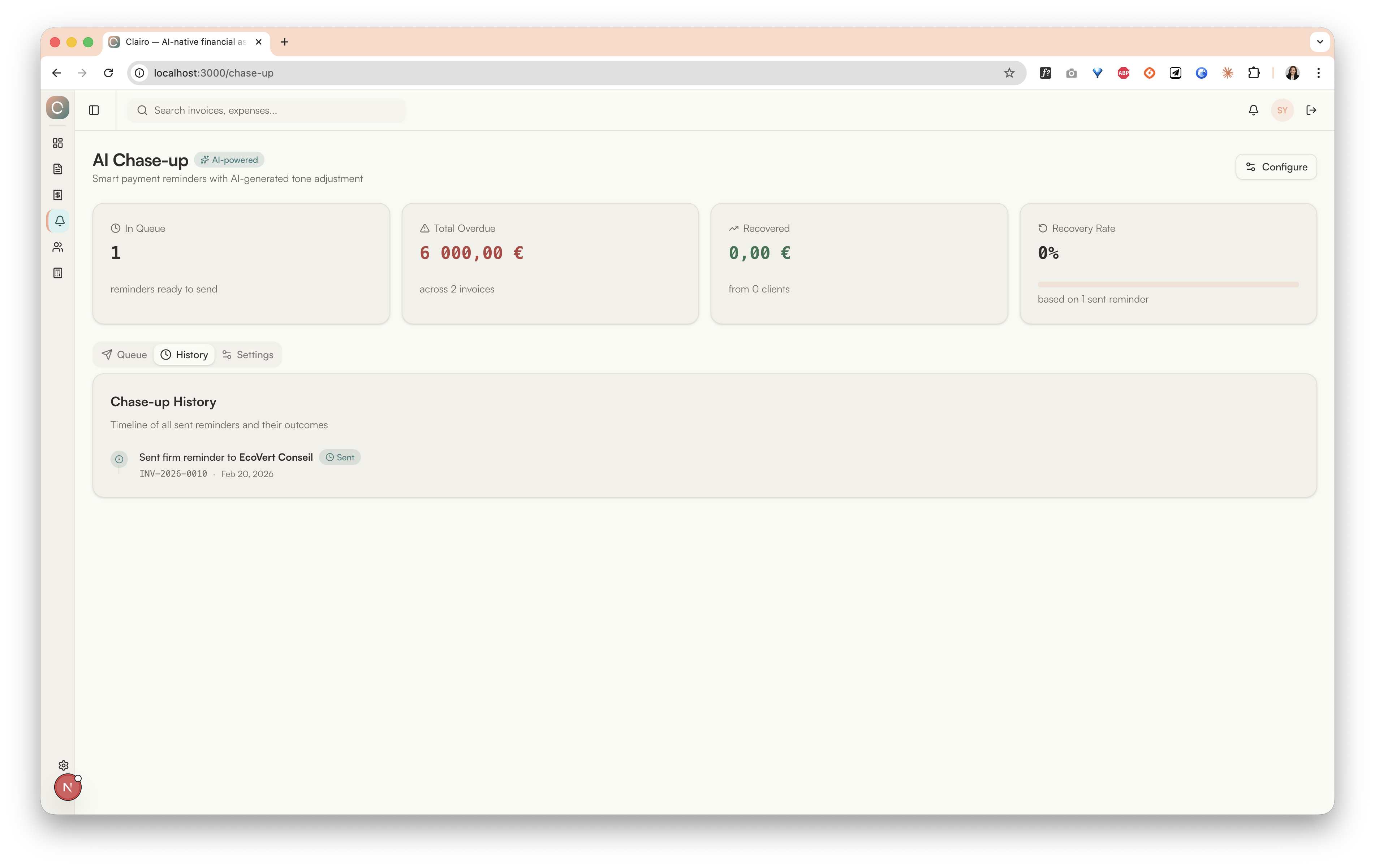 Chase-up History — Timeline of sent reminders with status badges