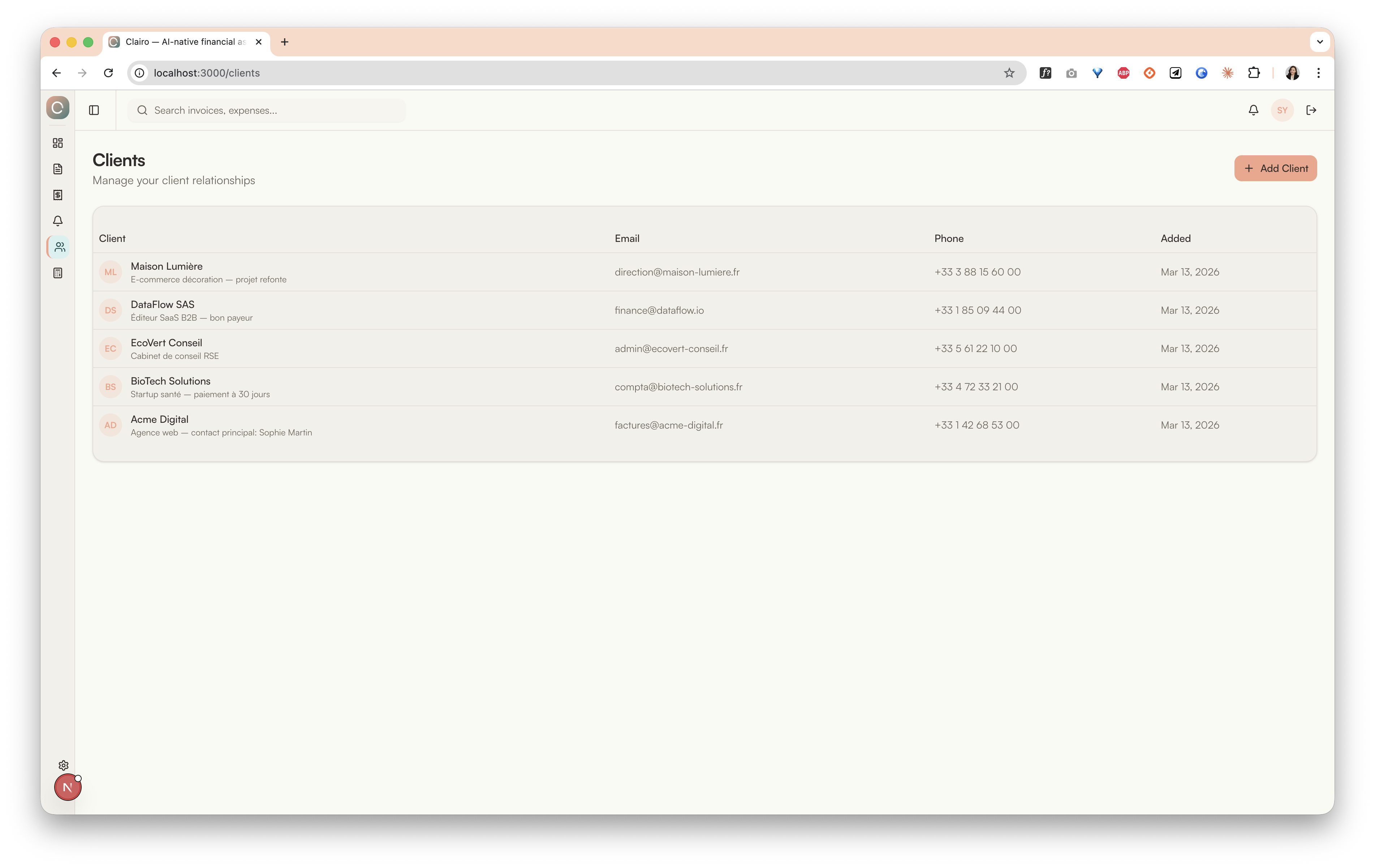 Clients — Contact list with avatars, email, phone, and relationship notes