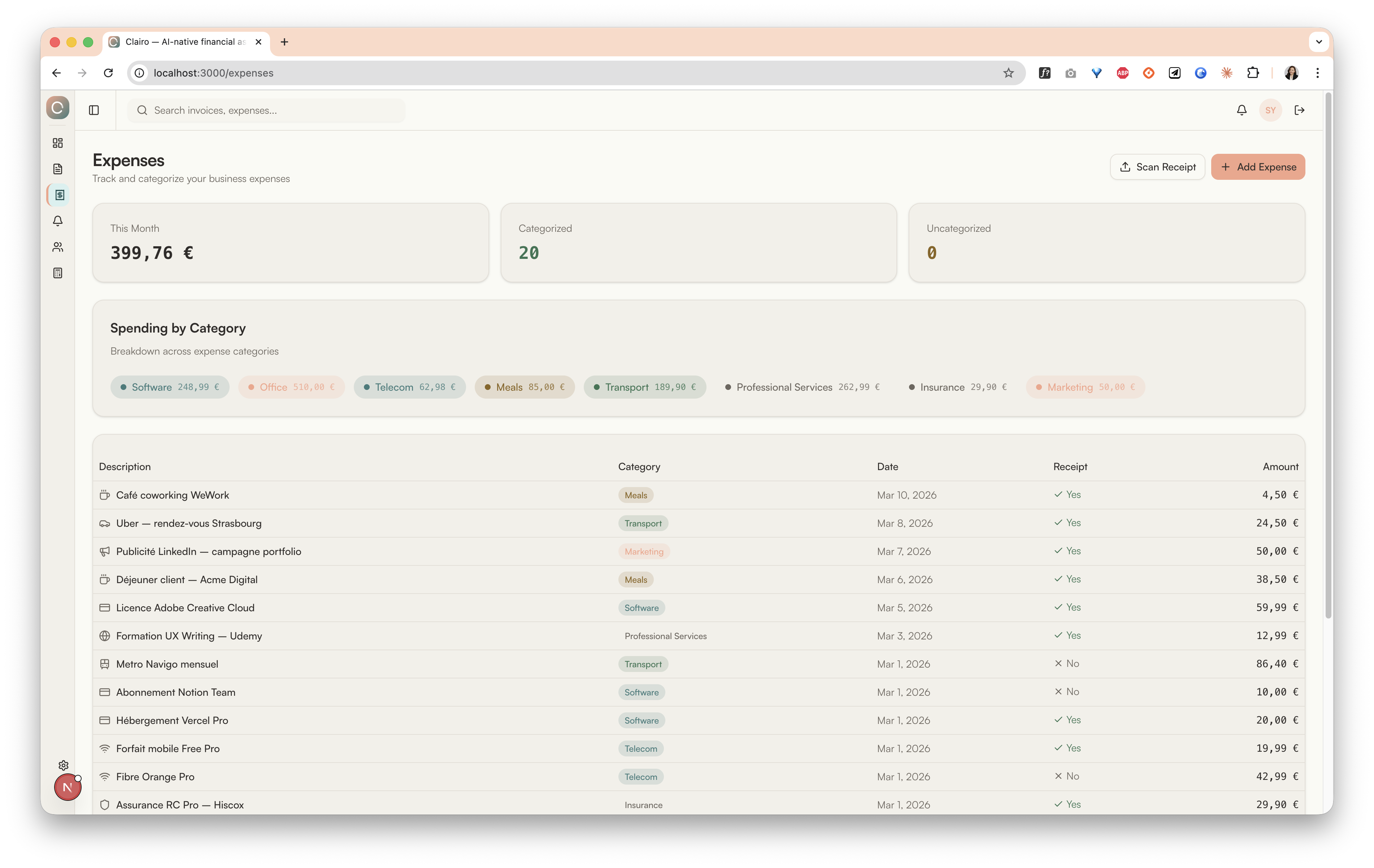 Expenses — Categories, receipts, monthly breakdown