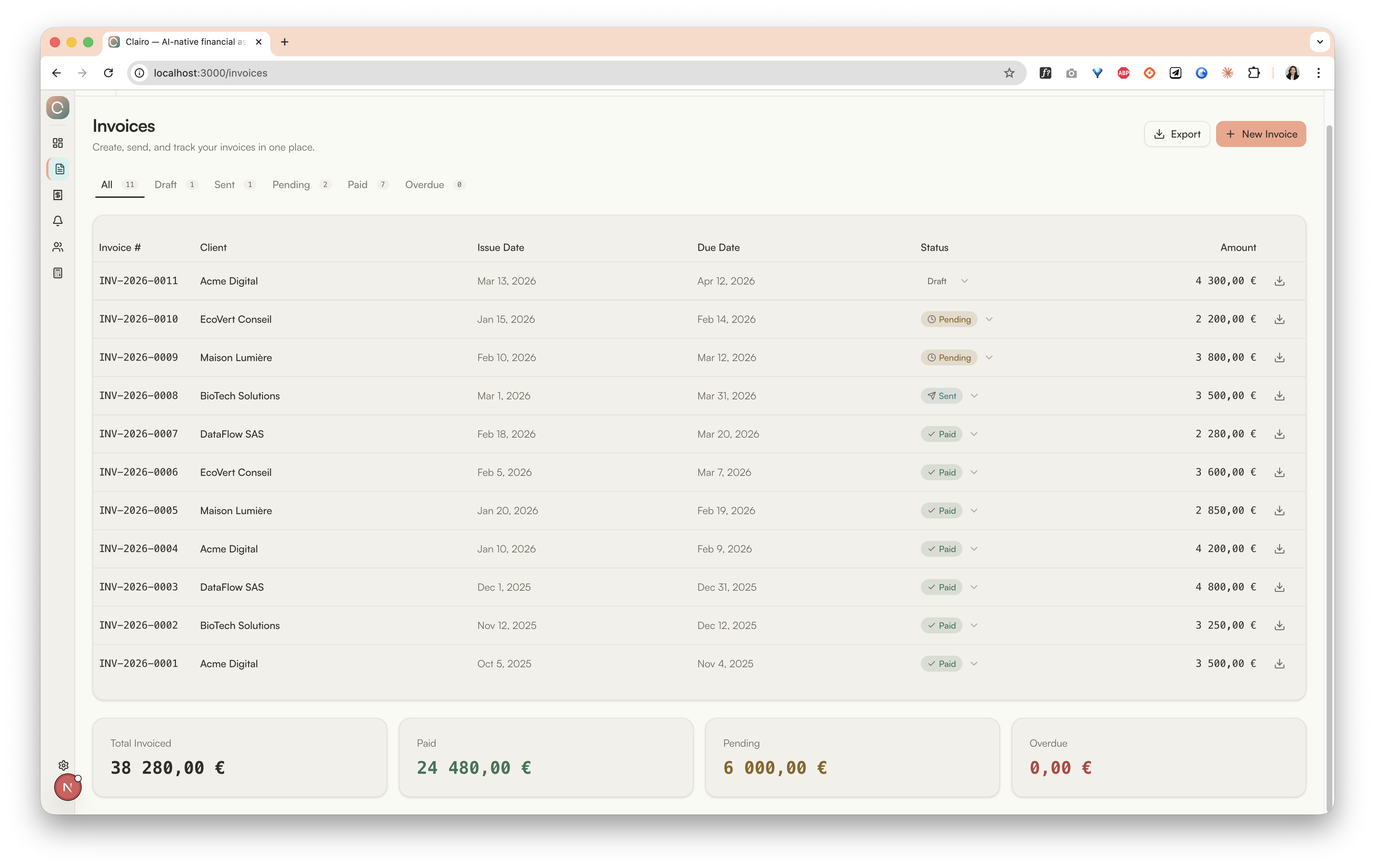 Invoices — Status tracking, summary bar, create dialog