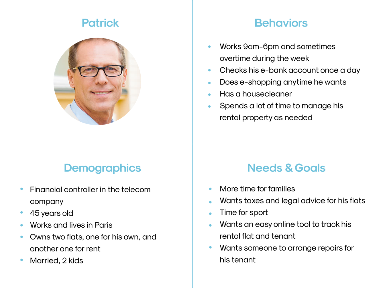 Persona: Patrick - 45 years old, owns 2 flats, needs easy online tool