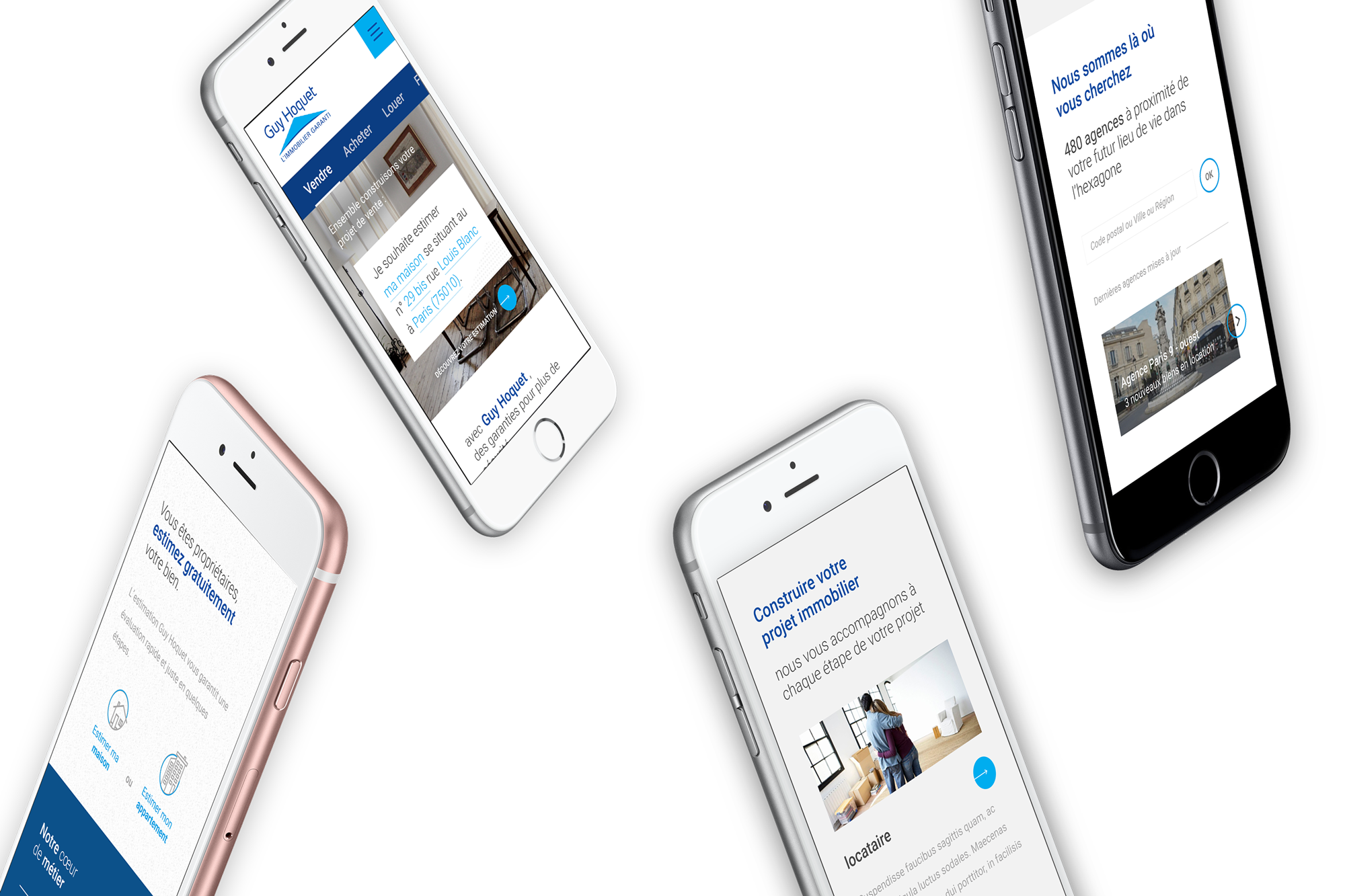 Mobile app screens showing various states