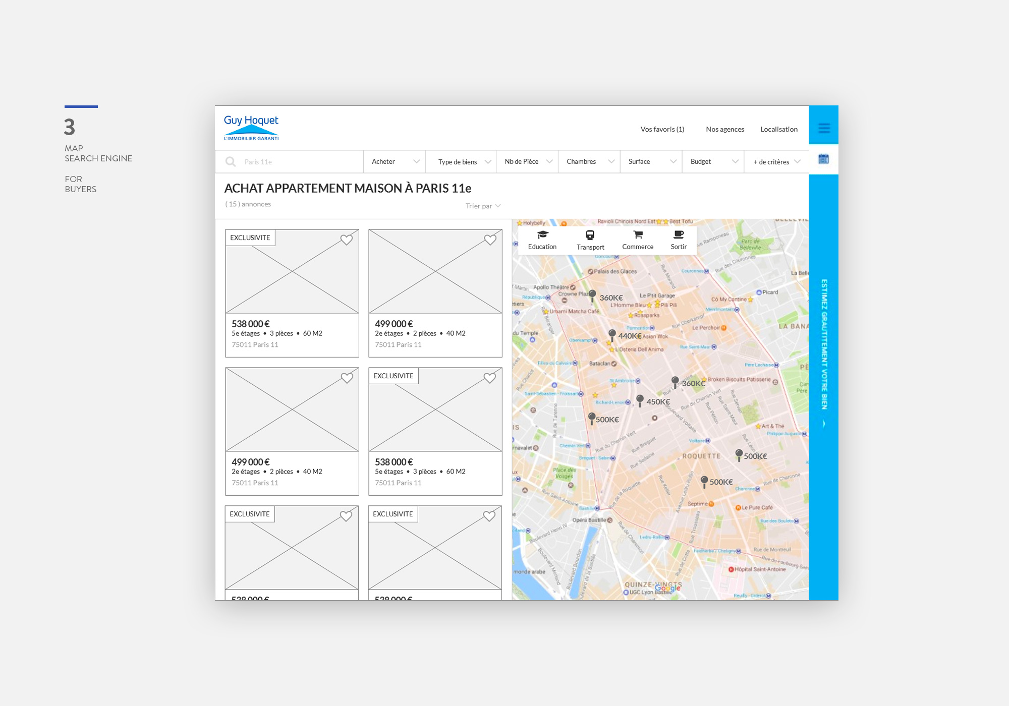 Map search wireframe with filters and property listings