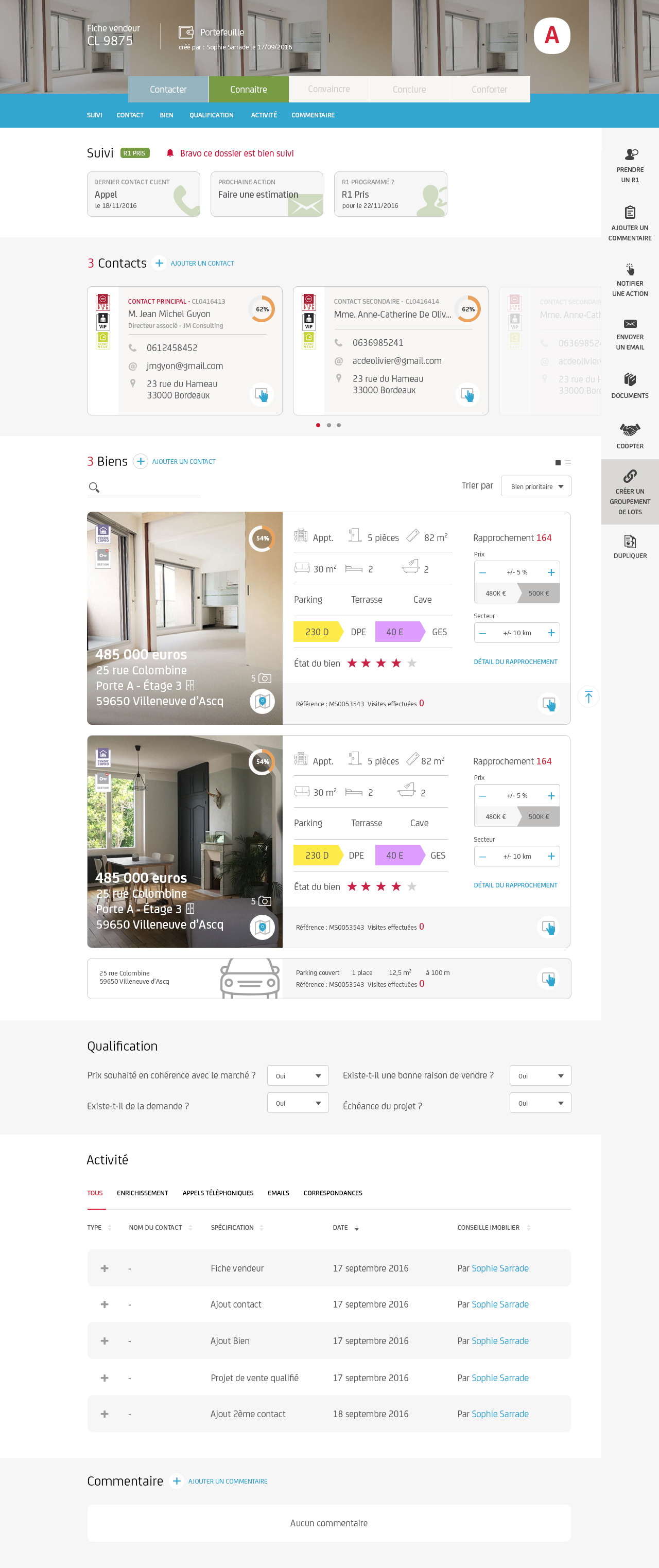 Tablet view showing CONNAITRE phase with multiple properties