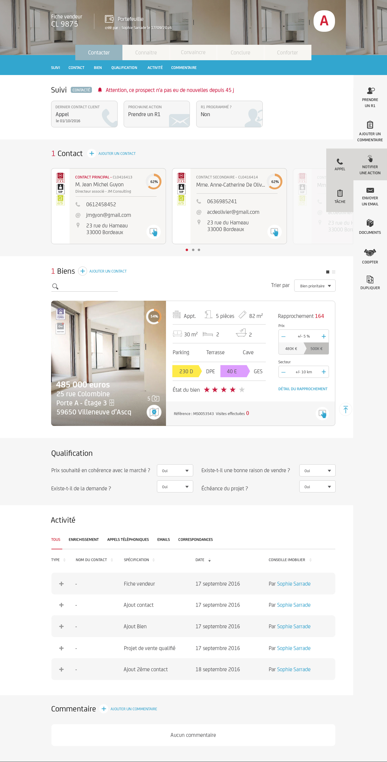 Tablet view showing CONTACTER phase with contact and property management