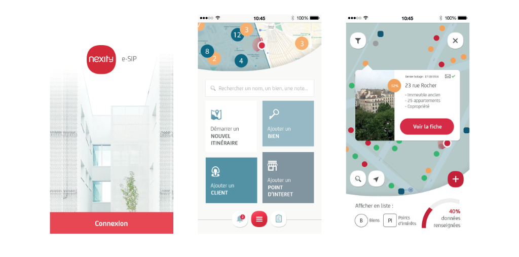 Nexity e-SIP app screens: Login, Dashboard, and Map view