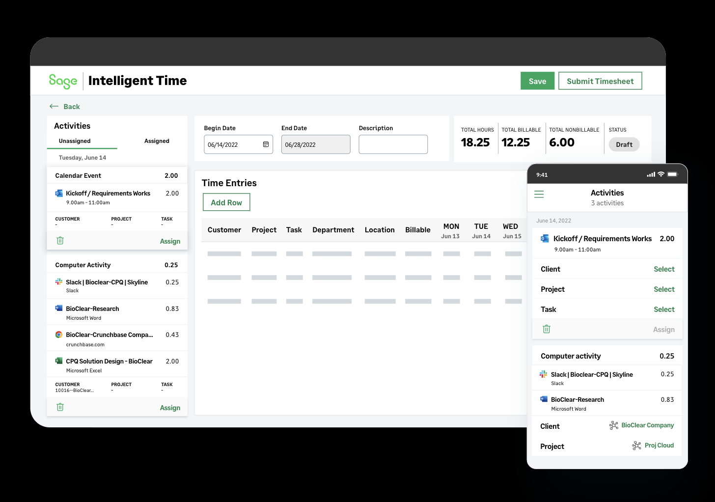 Sage Intelligent Time UI showing Activities sidebar with drag-to-assign workflow